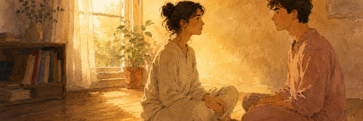 two figures sitting across a small table mid-conversation, watercolour — illustration for the Unravel article "The 36 Questions That Lead to Love — And Why They Still Work"