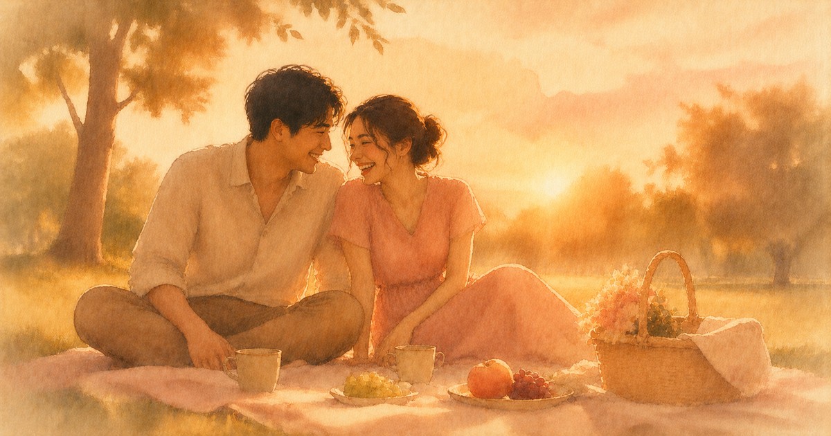 a soft watercolour of a couple sharing a candlelit dinner at a small kitchen table, a wall calendar behind them marked with little hearts on three different dates — illustration for the Unravel article "The 777 Rule"
