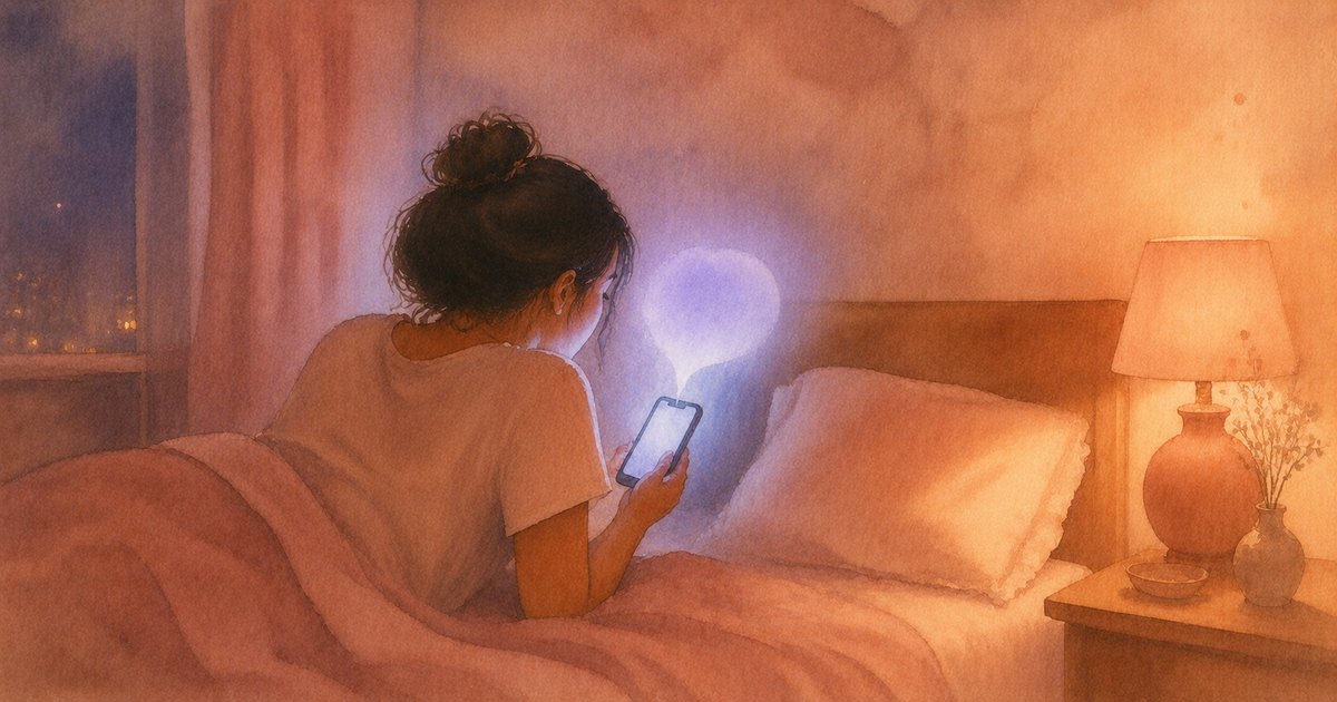 a soft watercolour of a woman lying in bed at night looking at her glowing phone, the light rising into the shape of a heart, a warm bedside lamp and an empty pillow beside her — illustration for the Unravel article "AI Situationships"