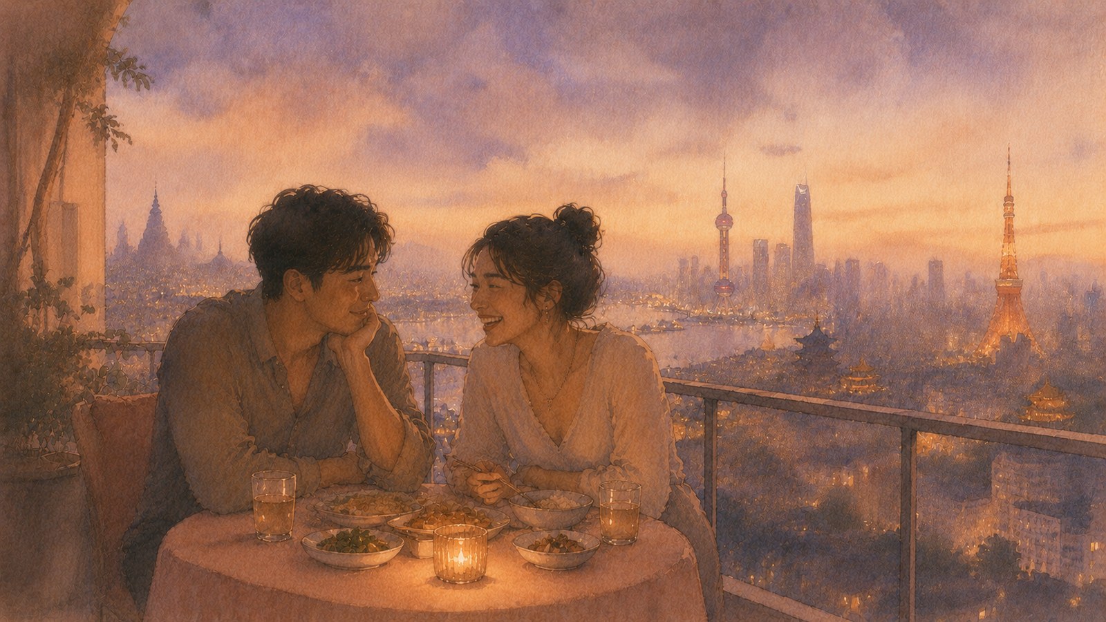 a soft watercolour collage of couples in different Asian cities at twilight — Tokyo, Seoul, Shanghai, Mumbai, Bangkok, Manila — overlaid in warm dusk tones — illustration for the Unravel article "Asian Dating Cultures in 2026: A 13-Country Guide"