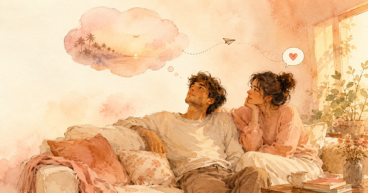 a soft watercolour of a couple relaxing together on a sofa in warm golden light; one gazes up wistfully at a large daydream thought bubble of a sunset beach with palm trees and a tiny plane, while a small paper plane on a dotted trail drifts toward the other partner's little speech bubble holding a heart — illustration for the Unravel article "The Bangladesh Trend and the Ask You Never Make"