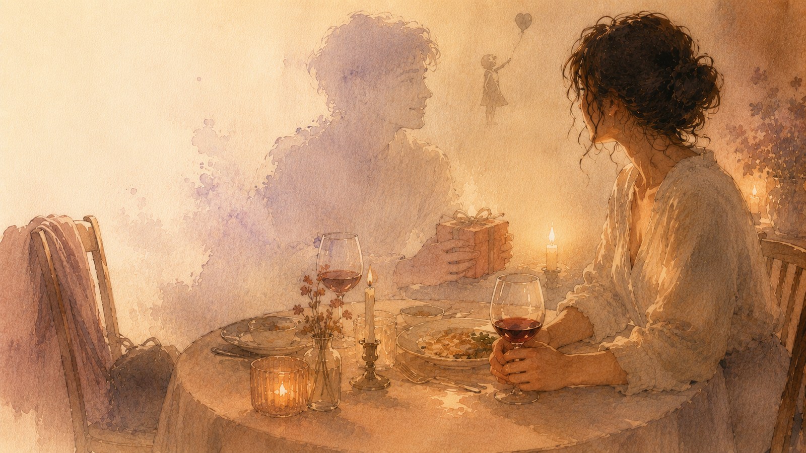 a couple sitting across from each other at a candlelit dinner where one partner is fully present and the other is a translucent watercolour silhouette already half-gone — illustration for the Unravel article "Banksying: The Slow-Fade Breakup Dressed Up as Kindness"