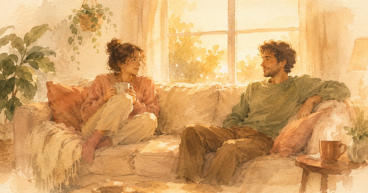 a soft watercolour of two people on a sofa in warm evening light, one glancing up from a book to meet the other's eyes across the room — a small moment of turning toward — illustration for the Unravel article "Bids for Connection"