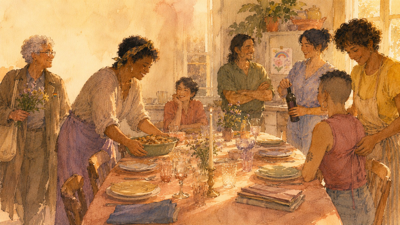 six adults of different ages and ethnicities setting a long Sunday-dinner table together in soft warm light — illustration for the Unravel article "Chosen Family: What Queer Communities Invented and Every Couple Can Borrow"