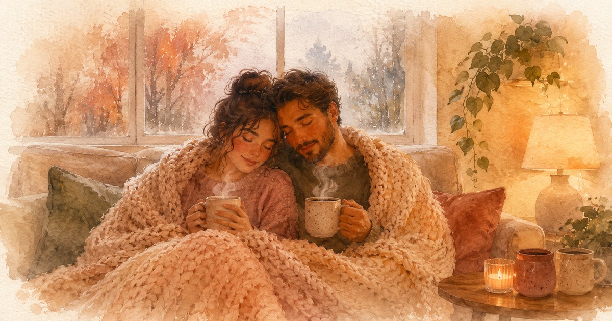 a soft watercolour of a cosy couple wrapped in one big blanket on a sofa by a rain-streaked window, warm mugs and lamplight, autumn leaves outside — illustration for the Unravel article "Cuffing Season"