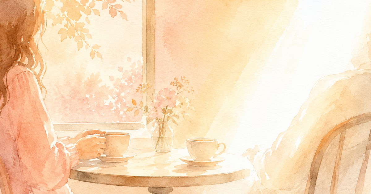a soft watercolour of two coffee cups on a first-date table, one person lit by a harsh bright spotlight while the other leans slightly back, warm muted tones — illustration for the Unravel article "Floodlighting"
