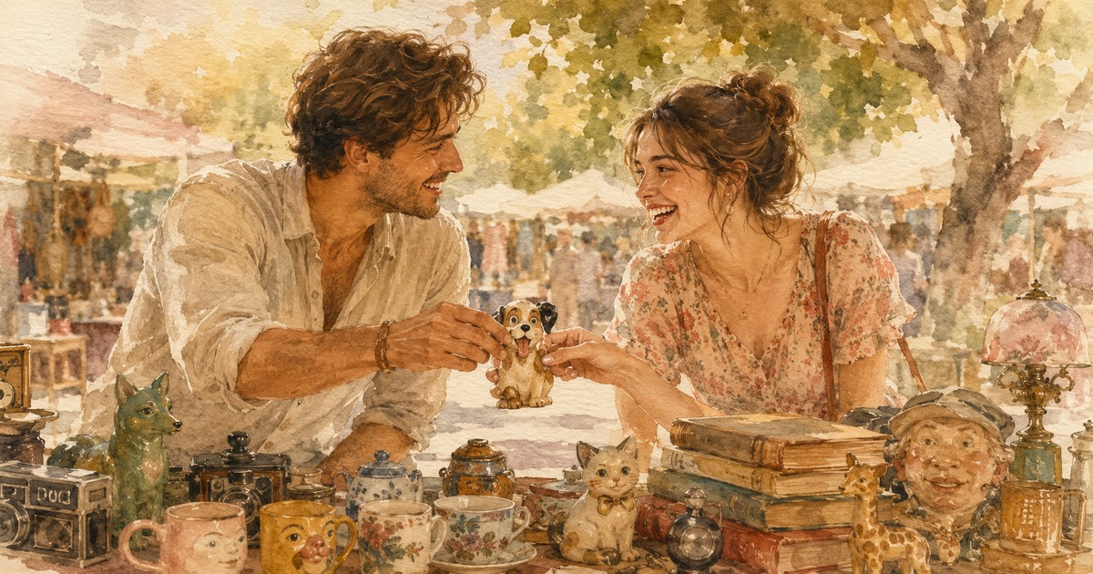 a soft watercolour of a young couple laughing together on a cosy sofa, surrounded by the quirky little trinkets, novelty mugs and odd collectibles they both love — illustration for the Unravel article "Freak Matching"