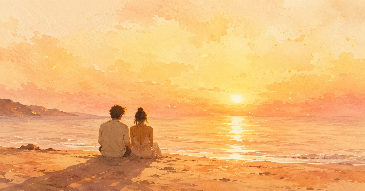 a soft watercolour of two long evening shadows reaching toward each other across warm golden sand at sunset, freckled light and a low summer sun — illustration for the Unravel article "Freckling"