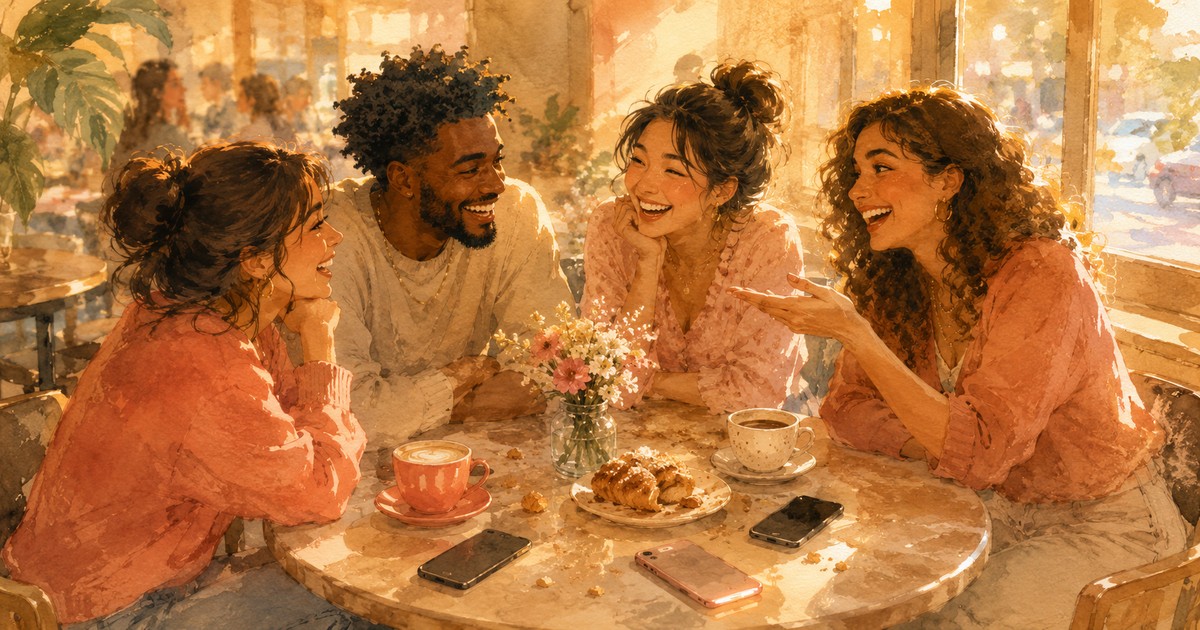 a soft watercolour of four friends laughing together around a small cafe table at golden hour, phones down and leaning in as one quietly plays matchmaker — illustration for the Unravel article "Friendfluence"