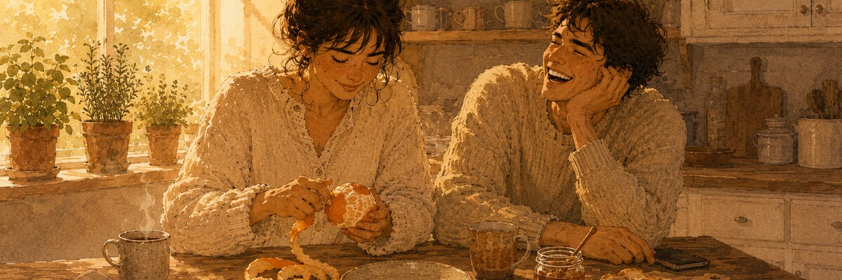two figures laughing across a small table, watercolour — illustration for the Unravel article "75 Funny Questions to Ask Your Partner (Including the TikTok Ones That Secretly Reveal Real Things)"