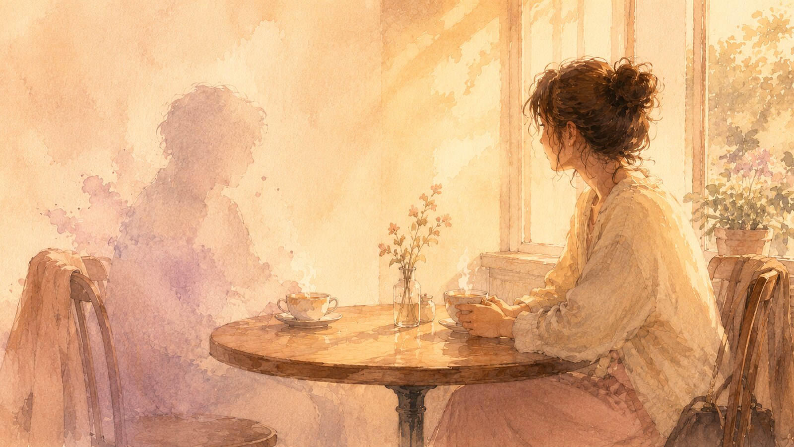 a woman waiting at a café table across from a translucent watercolour silhouette of a partner who has vanished — illustration for the Unravel article "Ghostlighting: When They Vanish, Come Back, and Pretend You're the Crazy One"