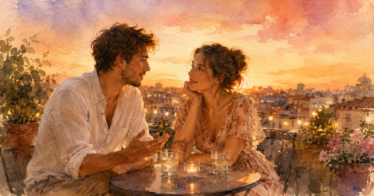 a soft watercolour of a couple on a warm midsummer evening, sitting close on a balcony at golden hour as they talk something through — illustration for the Unravel article "The July Theory"