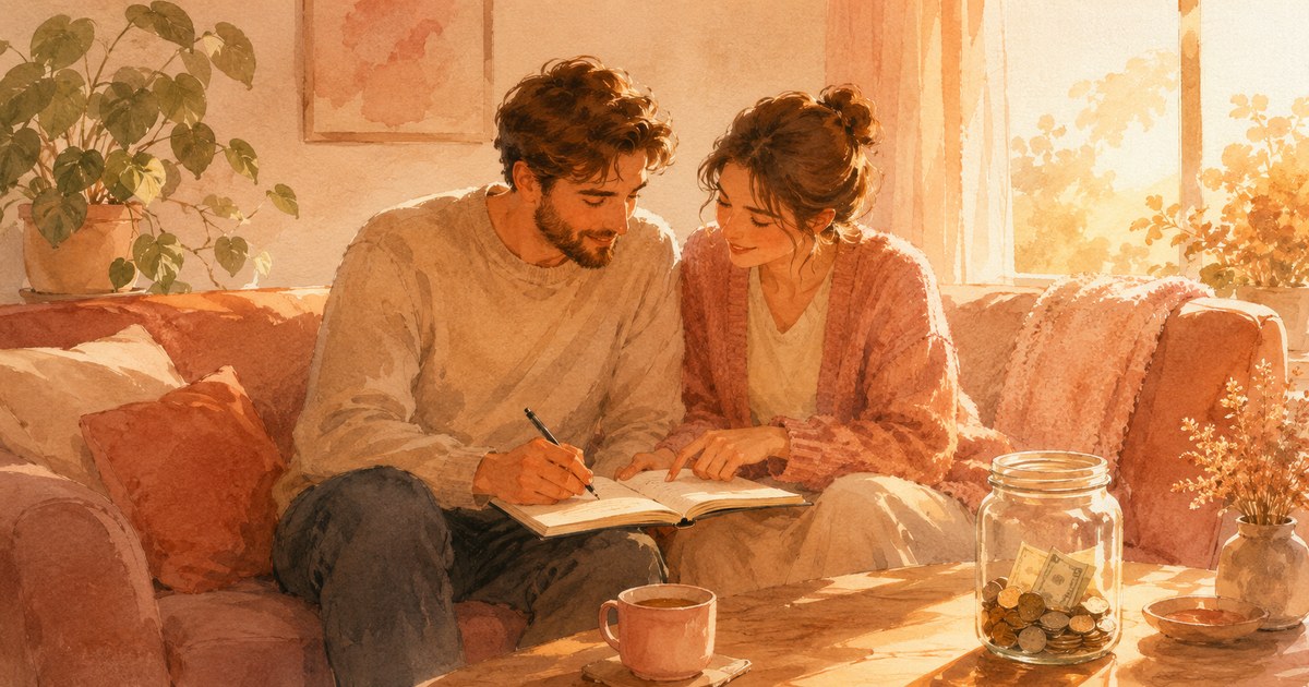 a soft watercolour of two people sitting close on a sofa with a shared notebook and a jar of coins between them, warm evening light, calm and collaborative mood — illustration for the Unravel article "Loud Budgeting for Couples"