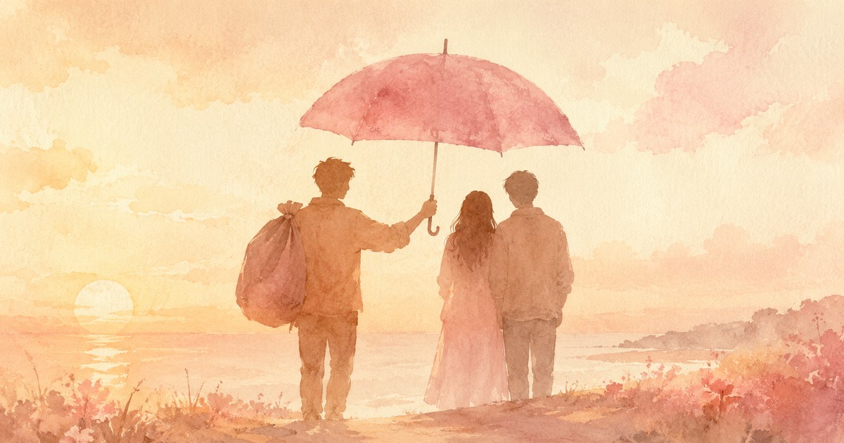a soft watercolour of a woman holding up a large umbrella over two people while carrying an extra load on her shoulder, warm muted evening tones — illustration for the Unravel article "Mankeeping"