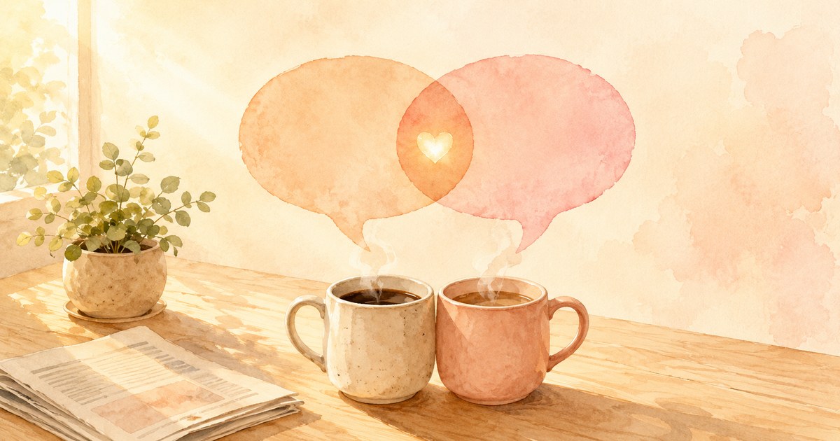 a soft watercolour of two coffee mugs on a kitchen table with two speech bubbles gently overlapping into one shared shape, warm morning light — illustration for the Unravel article "Marriage Language"