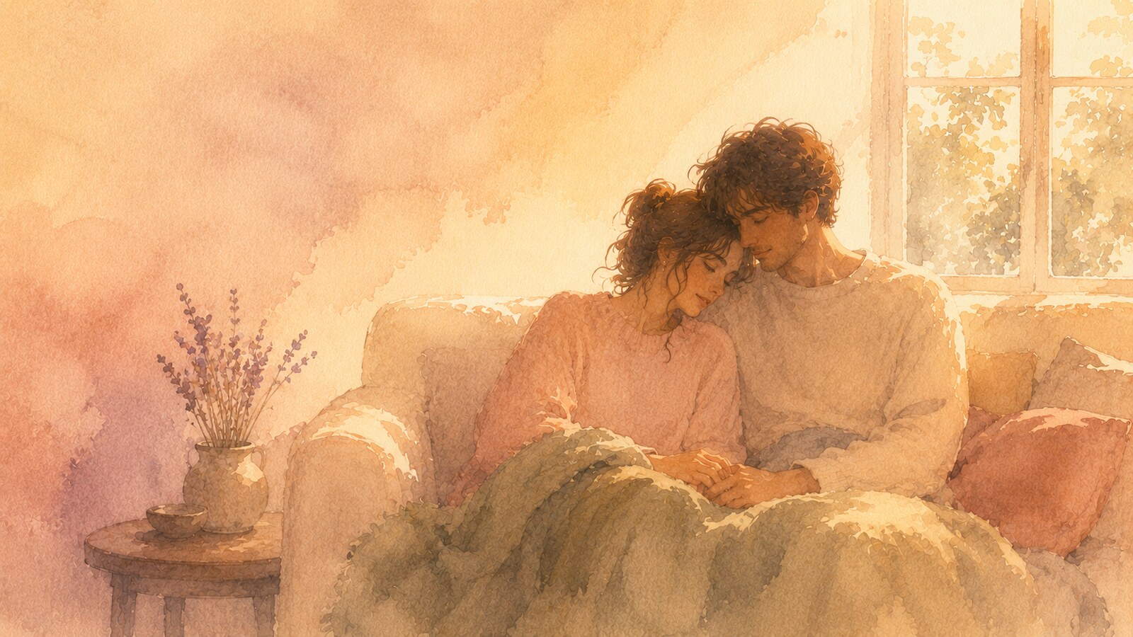 two figures sitting close on a sofa in soft watercolour, their bodies turned toward each other, conveying the quiet of two settled nervous systems — illustration for the Unravel article "Nervous System Regulation in Couples: The Skill That Predicts Whether Repair Works"