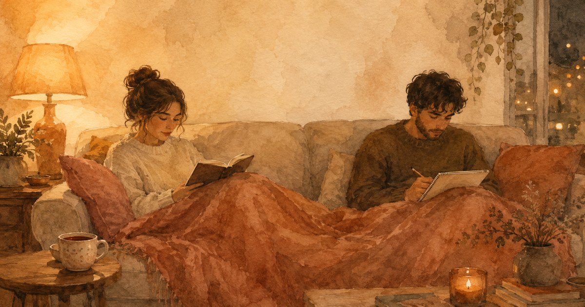 a soft illustration of two people on the same couch under one blanket, one reading a book and one sketching, calm and content in companionable silence, warm cream tones — cover for the Unravel article "Parallel Play: The Art of Being Alone, Together"