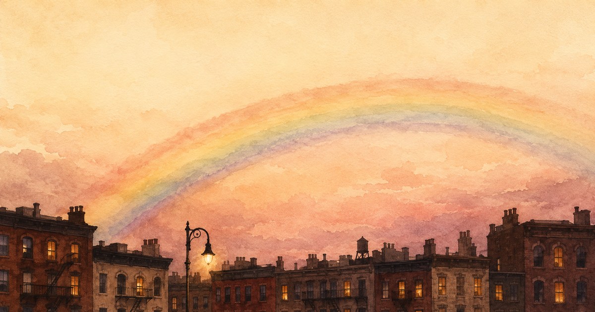 a soft watercolour of a rainbow arc rising over the rooftops of a Greenwich Village street at dusk, warm lamplight in the windows — illustration for the Unravel article "The Origins of Pride Month"