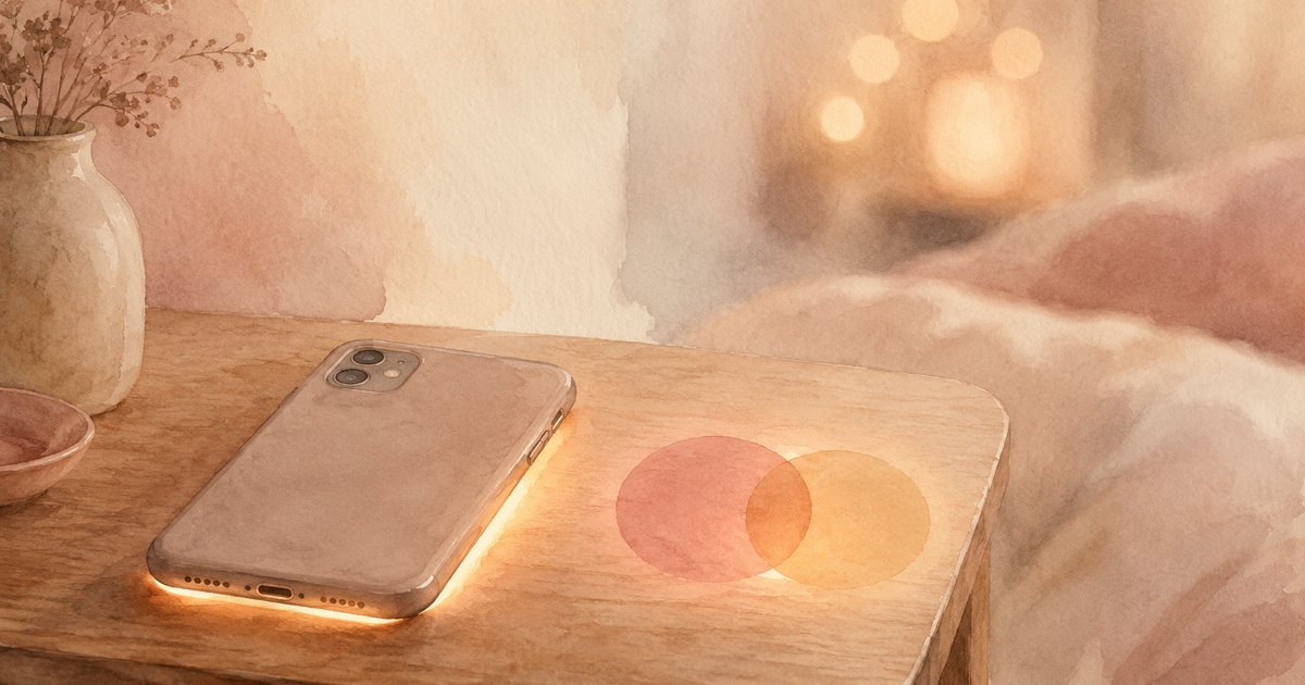 a soft illustration of a phone lying face-down on a table beside two warm overlapping circles glowing in private, on a cream background — cover for the Unravel article "Quiet Relationships: Why Couples Are Going Private"