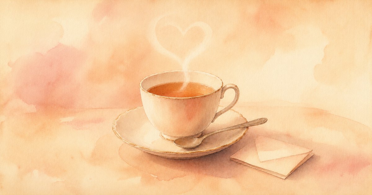a soft watercolour of a single cup of tea with heart-shaped steam rising from it, a teaspoon and a small folded note beside it on warm cream paper — illustration for the Unravel article "Grand Gestures Are Out"