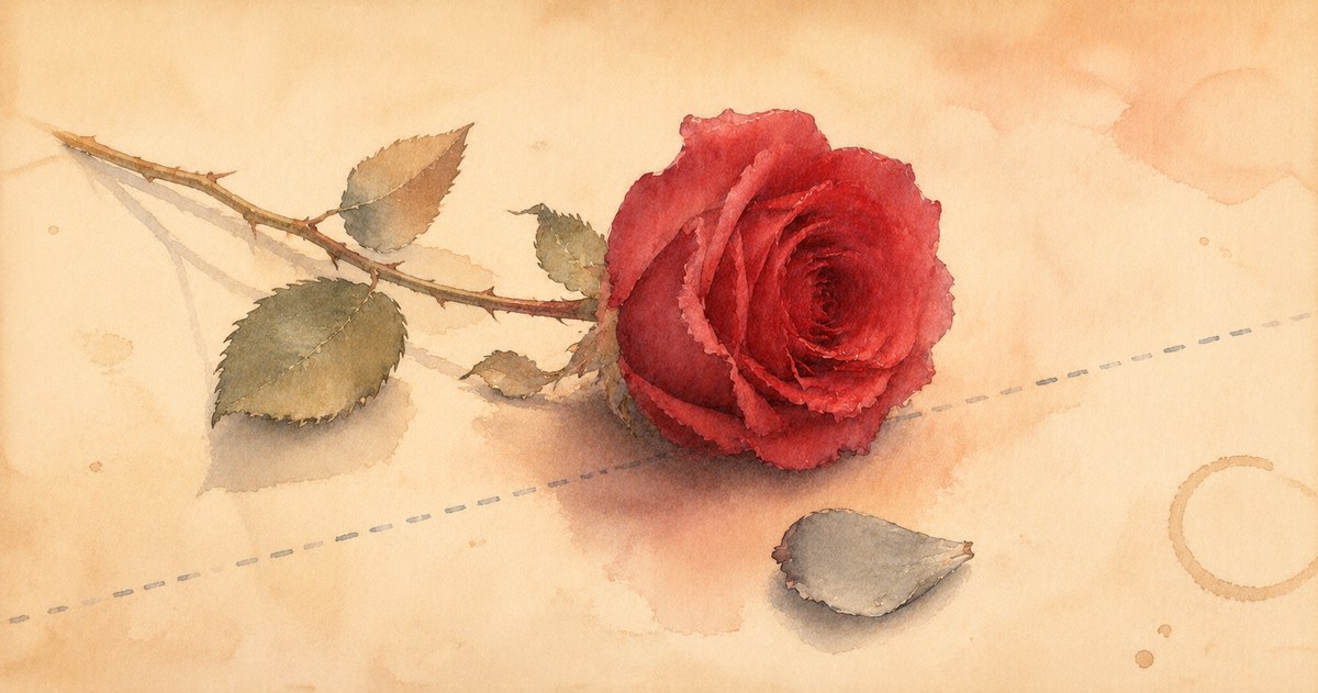 a watercolour red rose on aged paper with one grey wilting petal fallen beside it and a faint dashed record-skip line — illustration for the Unravel article "The Ick, Explained"