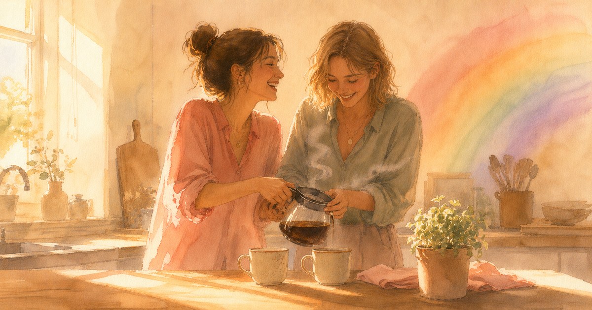 a soft watercolour of two women laughing together in a sunlit kitchen, pouring coffee into two mugs side by side as a gentle rainbow arcs across the wall behind them — illustration for the Unravel article "What Straight Couples Can Learn From Queer Couples"