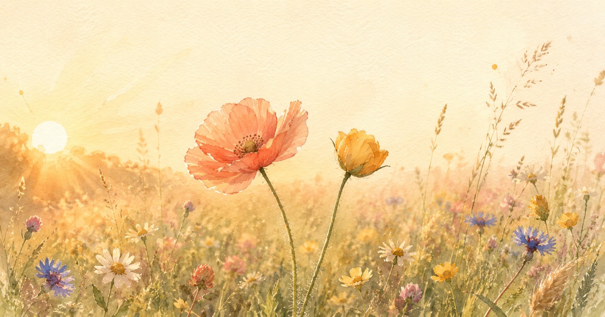 a soft watercolour of a sunlit wildflower meadow at golden hour, two slender flower stems leaning gently toward each other and blooming at their own pace — illustration for the Unravel article "Wildflowering"