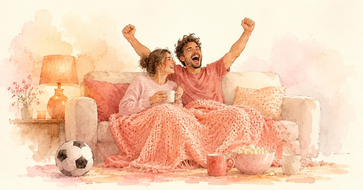 a warm watercolour of a couple on a sofa watching football together, one cheering and one laughing, a soccer ball and two mugs nearby, cosy evening light — illustration for the Unravel article "Surviving the World Cup as a Couple"