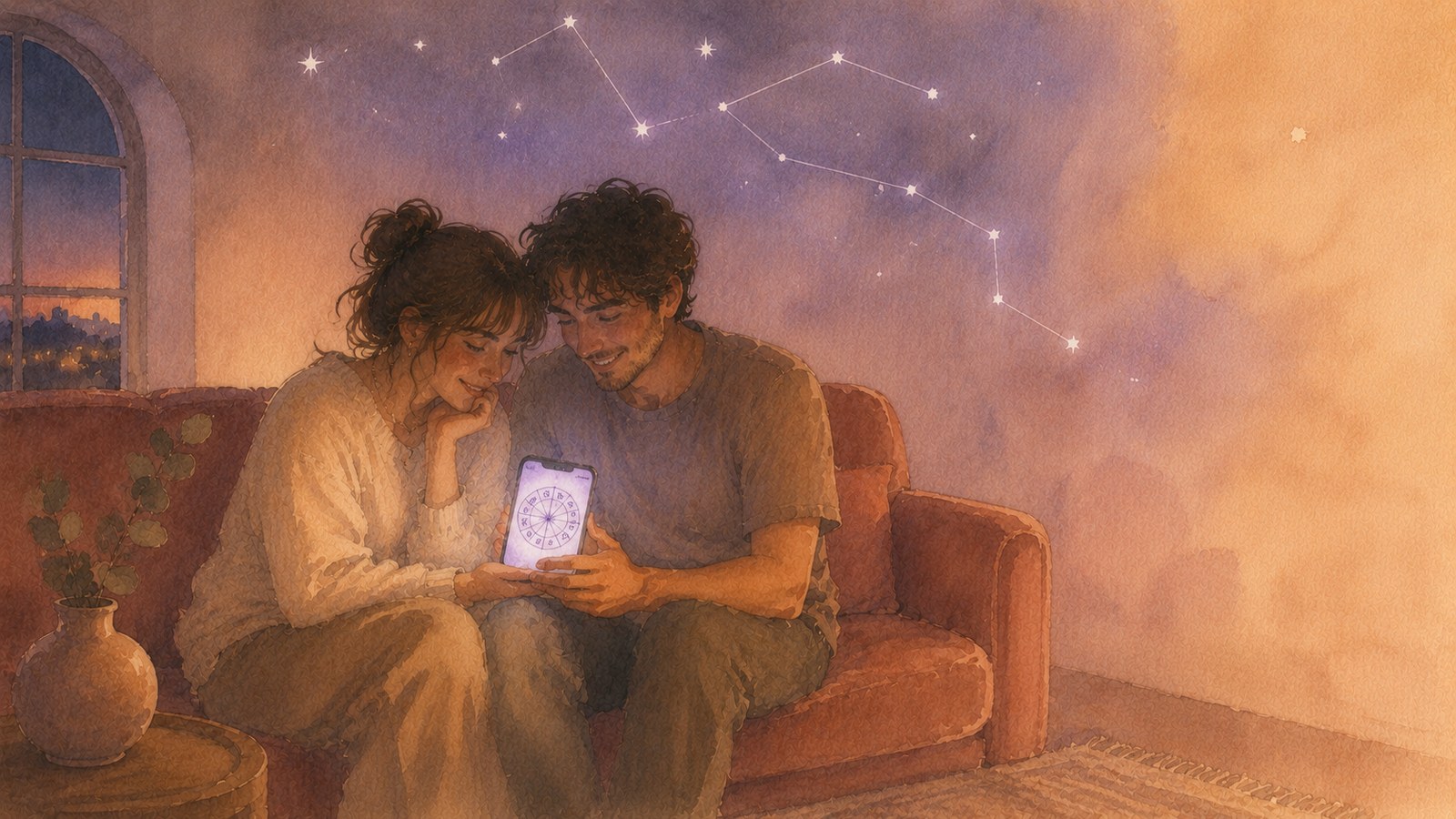 two people sitting close on a velvet sofa under a soft constellation projection on the ceiling, looking at a shared phone showing a birth chart wheel — illustration for the Unravel article "Zodiac Compatibility for Couples: What the Stars Predict and What They Don't"